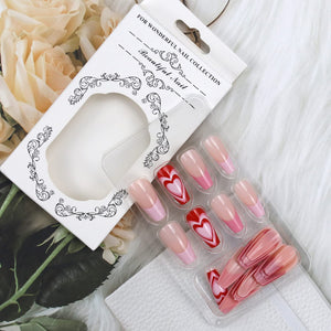 Uñas postizas a presión para el día de San Valentín, puntas francesas de longitud media, uñas postizas con forma de ataúd de corazón de melocotón rojo,a22  cobertura completa, pegamento en uñas adhesivas