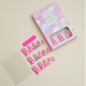 Uñas postizas a presión de pato hechas a mano, punta francesa, uñas postizas con diamantes de imitación de cobertura completa rosa con diseños de flores 5D,a22  uñas adhesivas brillantes Y2K, uñas