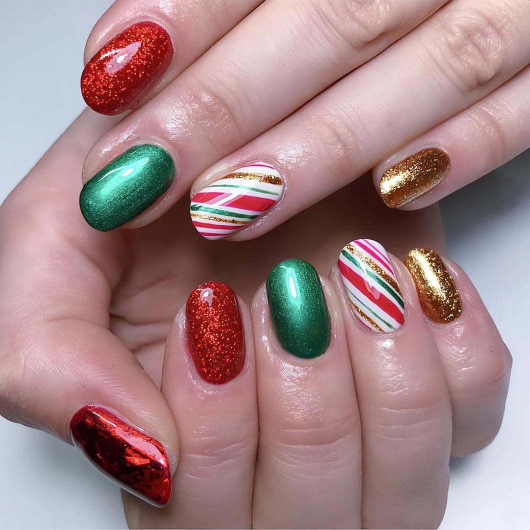 Uñas postizas de Navidad a presión con purpurina, uñas postizas cortas con diseño de almendra roja y verde, uñas acrílicas brillantes, cobertura completa A22 , rayas, uñas adhesivas para mujeres y niñas,