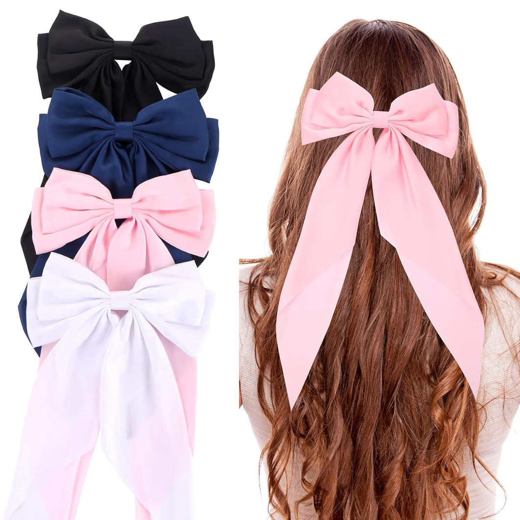 Lazos de satén sedoso de gran tamaño para mujeres y niñas, 4 piezas de cintas para el cabello con cola larga (negro, a22  blanco, rosa, azul marino)