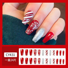 Cargar imagen en el visor de la galería, Uñas postizas a presión de Navidad, uñas postizas medianas con diseño de copo de nieve, uñas adhesivas rojas y plateadas, uñas acrílicas brillantes, cobertura completa, A22  uñas postizas con purpurina
