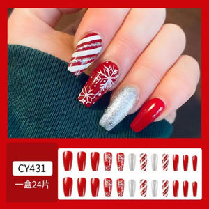 Uñas postizas a presión de Navidad, uñas postizas medianas con diseño de copo de nieve, uñas adhesivas rojas y plateadas, uñas acrílicas brillantes, cobertura completa, A22  uñas postizas con purpurina