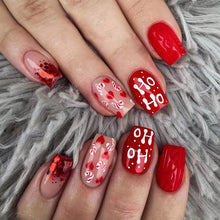 Cargar imagen en el visor de la galería, Uñas postizas rojas a presión de Navidad, uñas postizas cuadradas medianas con purpurina con diseños de invierno, uñas postizas rojas con pegamento, a22 uñas acrílicas artificiales de cobertura completa,
