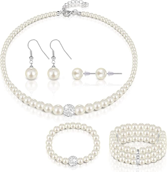 Juego de joyas de perlas con diamantes de imitación para mujer