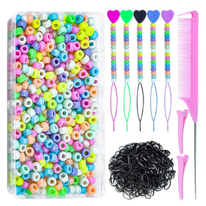 Juego de 1008 cuentas para el cabello con herramienta de peinado, 500 cuentas de poni, A21 , 500 bandas elásticas pequeñas