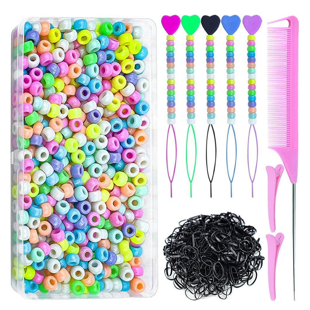 Juego de 1008 cuentas para el cabello con herramienta de peinado, 500 cuentas de poni, A21 , 500 bandas elásticas pequeñas