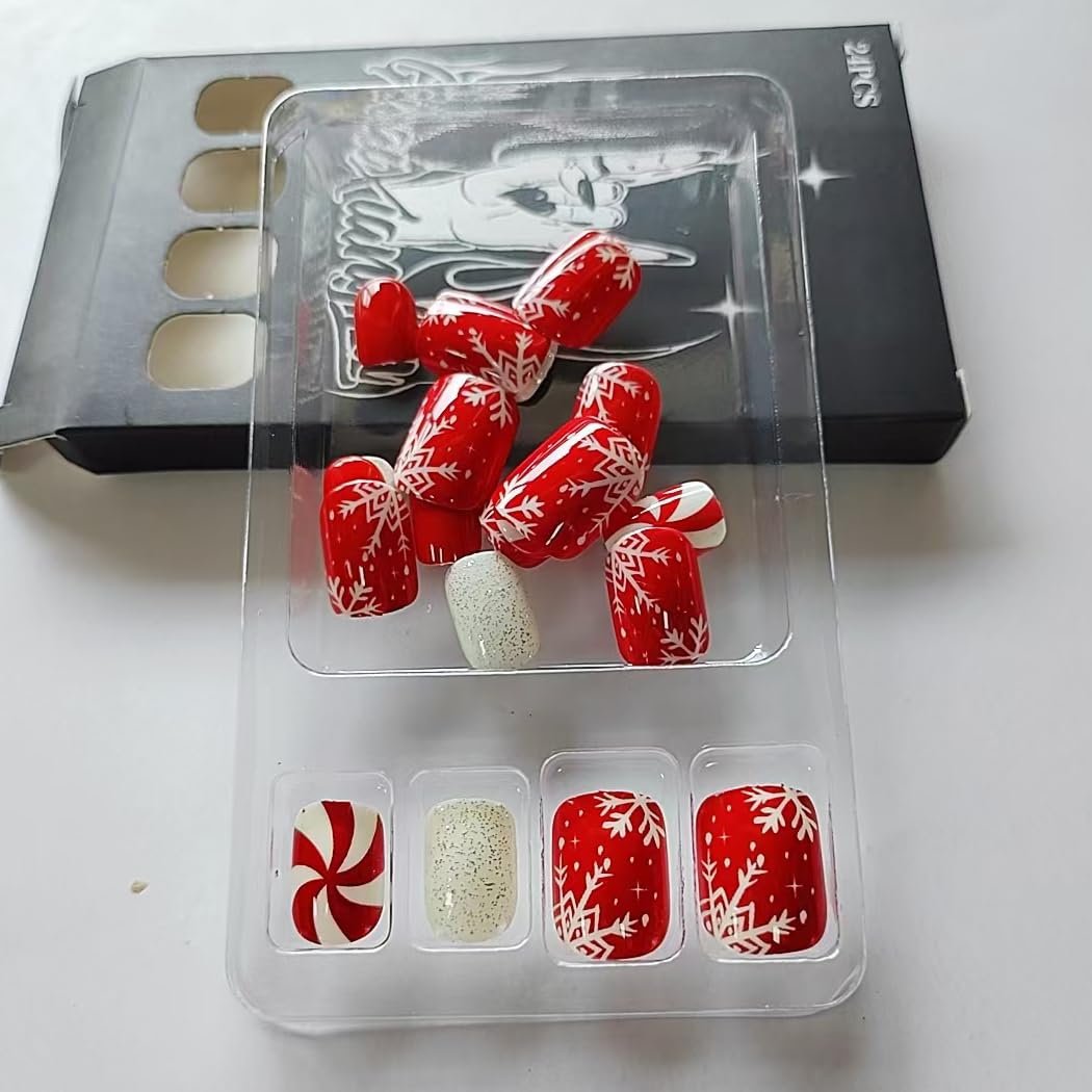 Uñas postizas a presión de Navidad con diseño de rayas plateadas y purpurina