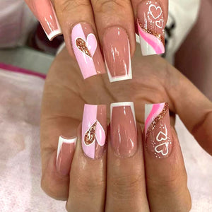 Uñas postizas francesas para el día de San Valentín, uñas postizas a presión de corazón, de longitud media, cuadradas, brillantes, con purpurina, nude, con pegamento de gelatina a22 , uñas artificiales