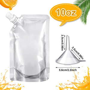 100 bolsas de plástico desechables a granel, bolsas transparentes para jugos, salsa, a prueba de fugas, con embudo, para adultos, viajes, deportes al aire libre, conciertos (10 onzas)