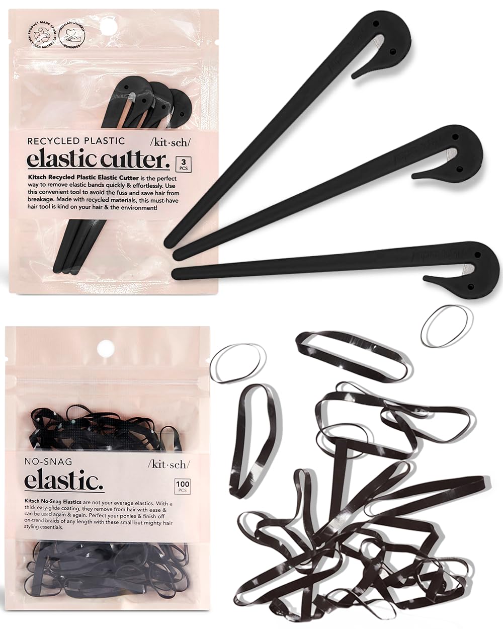 3 piezas de herramienta de corte de liga elástica negra y 100 bandas de goma negras pequeñas para el cabello, A21