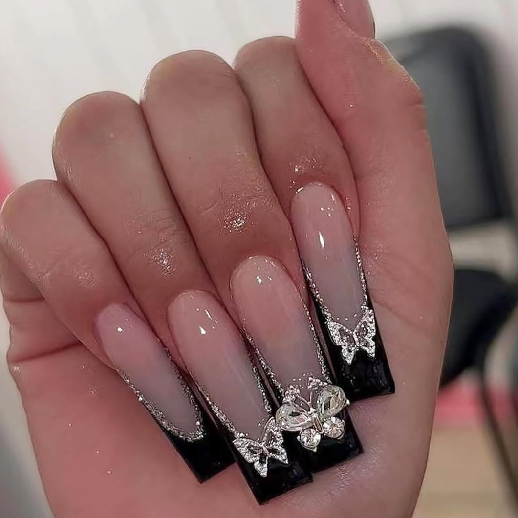 Uñas postizas largas con punta francesa negra tipo ataúd MABKJLF de cobertura completa con diseños de diamantes de imitación de mariposa, uñas postizas brillantes con purpurina, A22 uñas artificiales para mujeres y niñas, 24 unidades