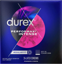 Cargar imagen en el visor de la galería, Condones de látex natural intenso de Durex Performax, ultra finos, corrugados, hechos con lubricante para retardar.
