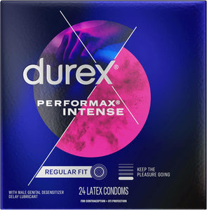 Condones de látex natural intenso de Durex Performax, ultra finos, corrugados, hechos con lubricante para retardar.