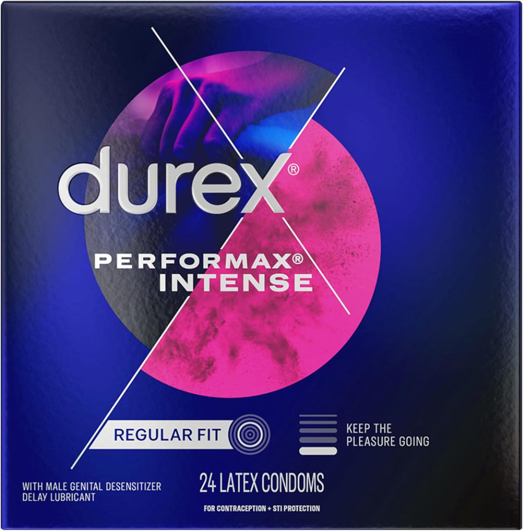 Condones de látex natural intenso de Durex Performax, ultra finos, corrugados, hechos con lubricante para retardar.