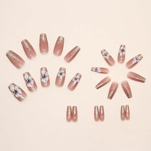 Uñas postizas largas a presión con forma de ataúd, uñas postizas con pegamento rosa, uñas acrílicas con diseño de primavera con purpurina, 24 unidades, arte de a22  manicura de bailarina, uñas