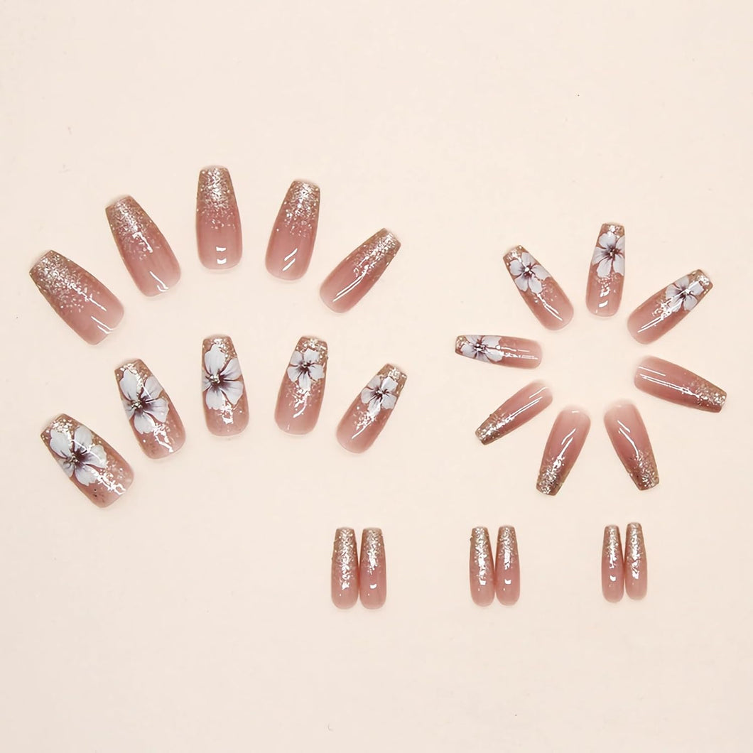 Uñas postizas largas a presión con forma de ataúd, uñas postizas con pegamento rosa, uñas acrílicas con diseño de primavera con purpurina, 24 unidades, arte de a22  manicura de bailarina, uñas