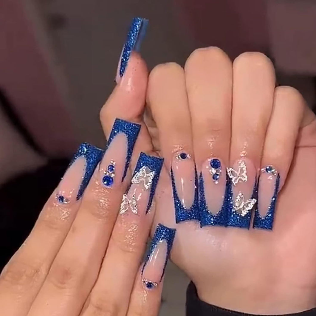 Uñas postizas largas a presión con punta francesa azul ataúd MABKJLF de cobertura completa con diseños de diamantes de imitación de mariposa con purpurina brillante,a22 uñas artificiales para mujeres