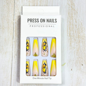 Uñas postizas largas a presión de mariposa, uñas postizas de cobertura completa con diseños de purpurina, diamantes de imitación,a22  uñas acrílicas de primavera, uñas artificiales brillantes