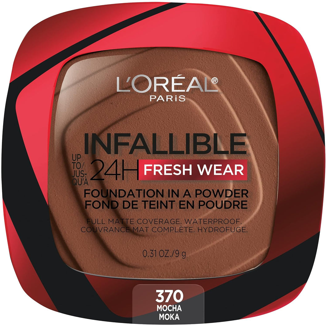 L'Oreal Paris Infallible - Base en polvo favorita viral en TikTok, hasta 24 horas Fresh Wear Cubre como un líquido y matifica. Resistente al agua, resistente al calor, a prueba de sudor, sin transferencia, moca-370, 0.31 onzas A19
