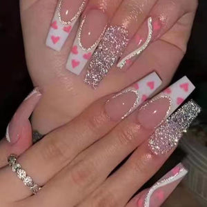 a22 Uñas postizas extralargas para el día de San Valentín, uñas postizas cuadradas con forma de corazón rosa con purpurina, cobertura completa, puntas de uñas de gel suave, uñas