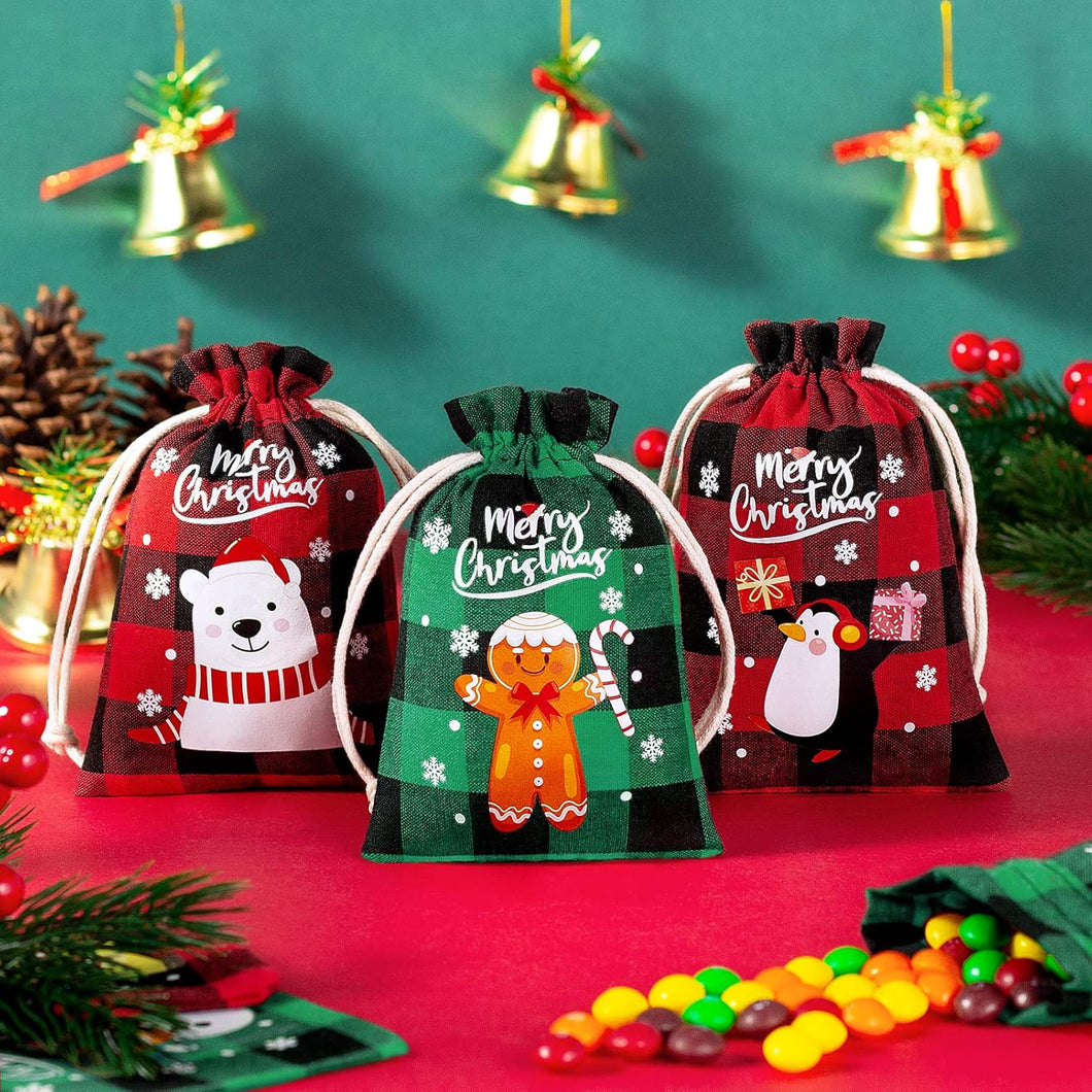 36 bolsas de arpillera con cordón de Navidad, bolsas de regalo de Navidad a cuadros, bolsas de arpillera para dulces de Navidad, pequeñas bolsas de lino de Navidad, bolsas de regalo de golosinas A19