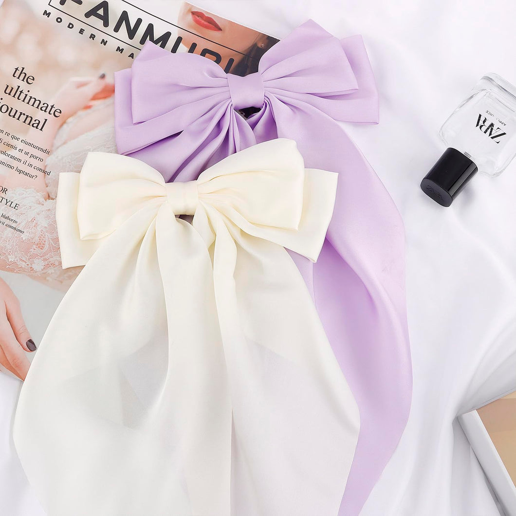 Accesorios para el cabello de cola larga de satén sedoso, 2 pasadores de lazo grande beige morado con clips a21 de metal para mujer