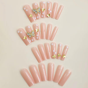 BABALAL Uñas postizas largas cuadradas a presión, uñas postizas nude, con dije de mariposa dorada, uñas acrílicas, 24 unidades, con pegamento de flores a22, uñas postizas coquetas, manicura cuadrada