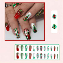 Cargar imagen en el visor de la galería, Uñas postizas a presión de Navidad,A22 uñas postizas medianas con diseño de ataúd, uñas postizas acrílicas con diamantes de imitación, diseño de purpurina, uñas artificiales rojas con pegamento

