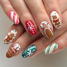 Cargar imagen en el visor de la galería, Uñas postizas a presión de Navidad, uñas postizas cortas de almendra con pegamento, uñas postizas acrílicas ovaladas blancas con diseños de galletas de dibujos animados,A22  uñas artificiales
