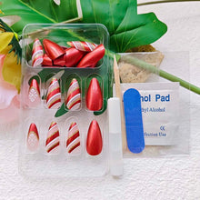 Cargar imagen en el visor de la galería, Uñas postizas a presión de Navidad, punta francesa, almendra roja, uñas postizas con pegamento, uñas postizas acrílicas con purpurina y A22 diseños de copos de
