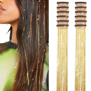 Paquete de 12 extensiones de cabello de oropel con clip de 20 pulgadas, con brillantina dorada, extensiones de cabello de oropel para festivales,a21