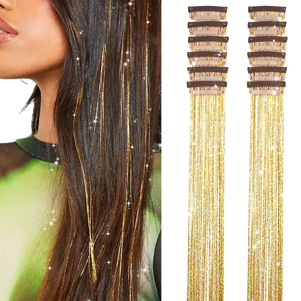 Paquete de 12 extensiones de cabello de oropel con clip de 20 pulgadas, con brillantina dorada, extensiones de cabello de oropel para festivales,a21