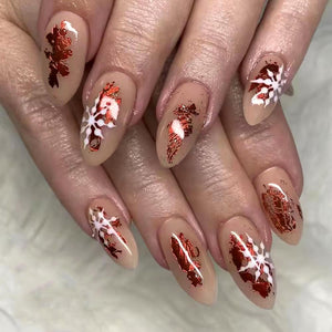 24 uñas largas de Navidad a presión, uñas postizas de almendra, color nude y copo de nieve, uñas postizas de Navidad de cobertura completa con purpurina brillante,  a22 uñas acrílicas para vacaciones