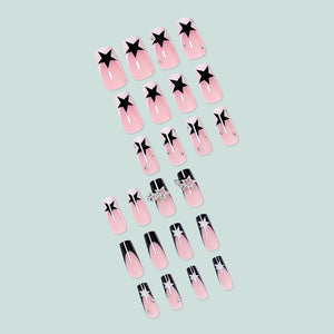 Uñas postizas cuadradas medianas con punta francesa negra y blanca con diseños de estrella Y2K, uñas acrílicas con pegamento brillante, cobertura completa,A22  manicura artificial para mujeres y niñas, 24