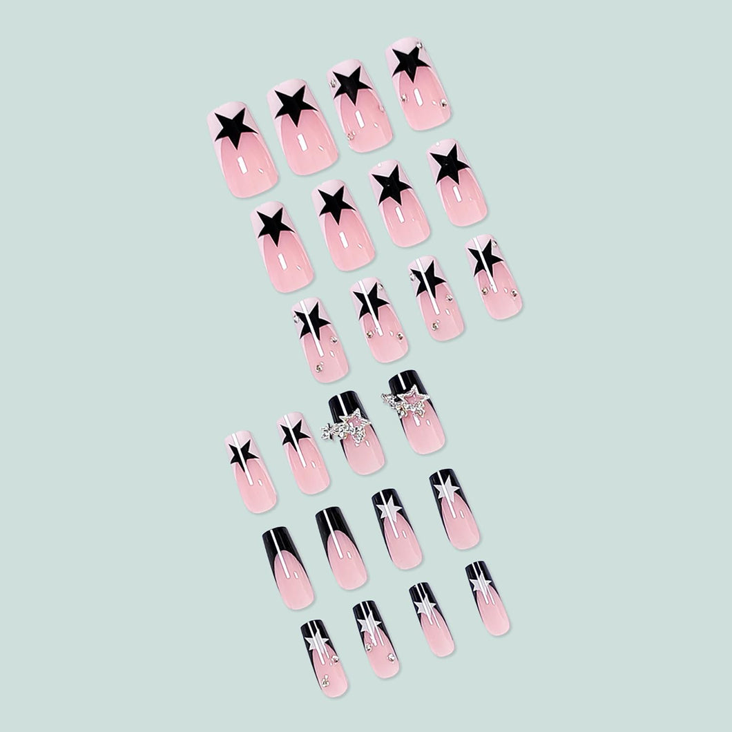 Uñas postizas cuadradas medianas con punta francesa negra y blanca con diseños de estrella Y2K, uñas acrílicas con pegamento brillante, cobertura completa,A22  manicura artificial para mujeres y niñas, 24