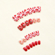 Cargar imagen en el visor de la galería, Uñas postizas cuadradas cortas con diseño de bastón de caramelo, diseño de bastón de caramelo, uñas postizas con purpurina roja de Navidad a22 , uñas postizas brillantes con pegamento de cobertura
