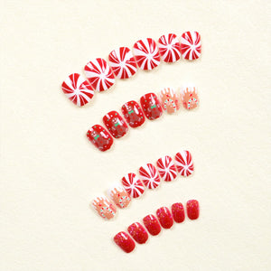 Uñas postizas cuadradas cortas con diseño de bastón de caramelo, diseño de bastón de caramelo, uñas postizas con purpurina roja de Navidad a22 , uñas postizas brillantes con pegamento de cobertura