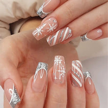 Cargar imagen en el visor de la galería, Uñas postizas a presión de copo de nieve, uñas postizas medianas de Navidad con diseños de rayas de purpurina, puntas francesas, uñas acrílicas, uñas postizas de gel brillante,a22  puntas de uñas, uñas
