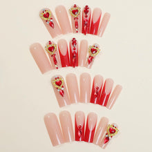 Cargar imagen en el visor de la galería, Uñas postizas largas cuadradas a presión, uñas postizas rojas con punta francesa, uñas adhesivas, uñas acrílicas con diseño de corazón 3D, 24 unidades, a22 cuadradas, para mujeres y niñas
