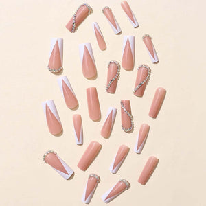 Uñas postizas largas a presión, uñas postizas de punta francesa blanca con diseño de corazón con purpurina, uñas con pegamento para mujeres,a22  uñas postizas acrílicas, reutilizables, uñas