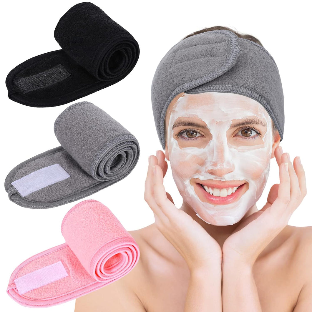 Whaline Diadema facial de spa, diadema de tela de toalla ajustable para lavado de cara, ducha, cubierta facial, 3 piezas (negro, rosa, gris) A19