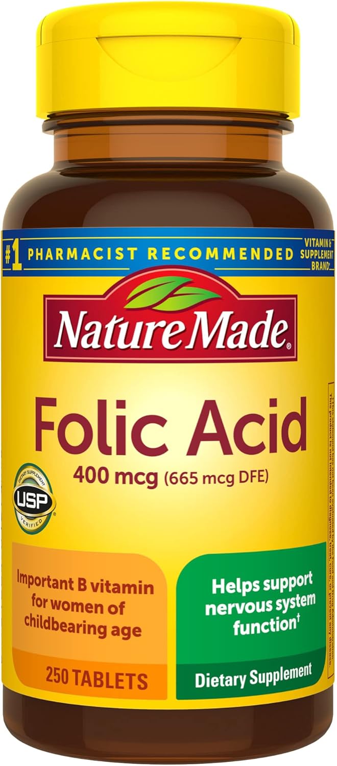 Ácido fólico 400 mcg para la función del sistema nervioso, 250 tabletas