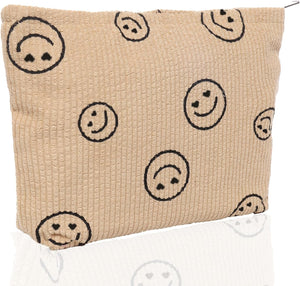 Bolsa de cosméticos Bolsa de maquillaje Preppy Cute Corduroy Neceser para mujeres esenciales de viaje, Caqui, a22 Cara de moda