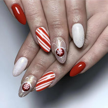 Cargar imagen en el visor de la galería, Uñas postizas de Navidad a presión con rayas rojas y blancas A22 , uñas postizas medianas con diseño de caramelo con pegamento en uñas acrílicas brillantes, cobertura comp

