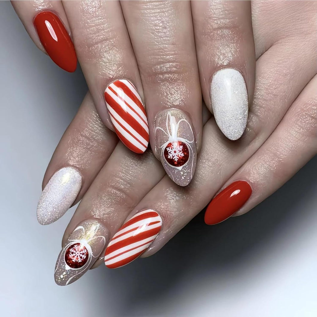 Uñas postizas de Navidad a presión con rayas rojas y blancas A22 , uñas postizas medianas con diseño de caramelo con pegamento en uñas acrílicas brillantes, cobertura comp
