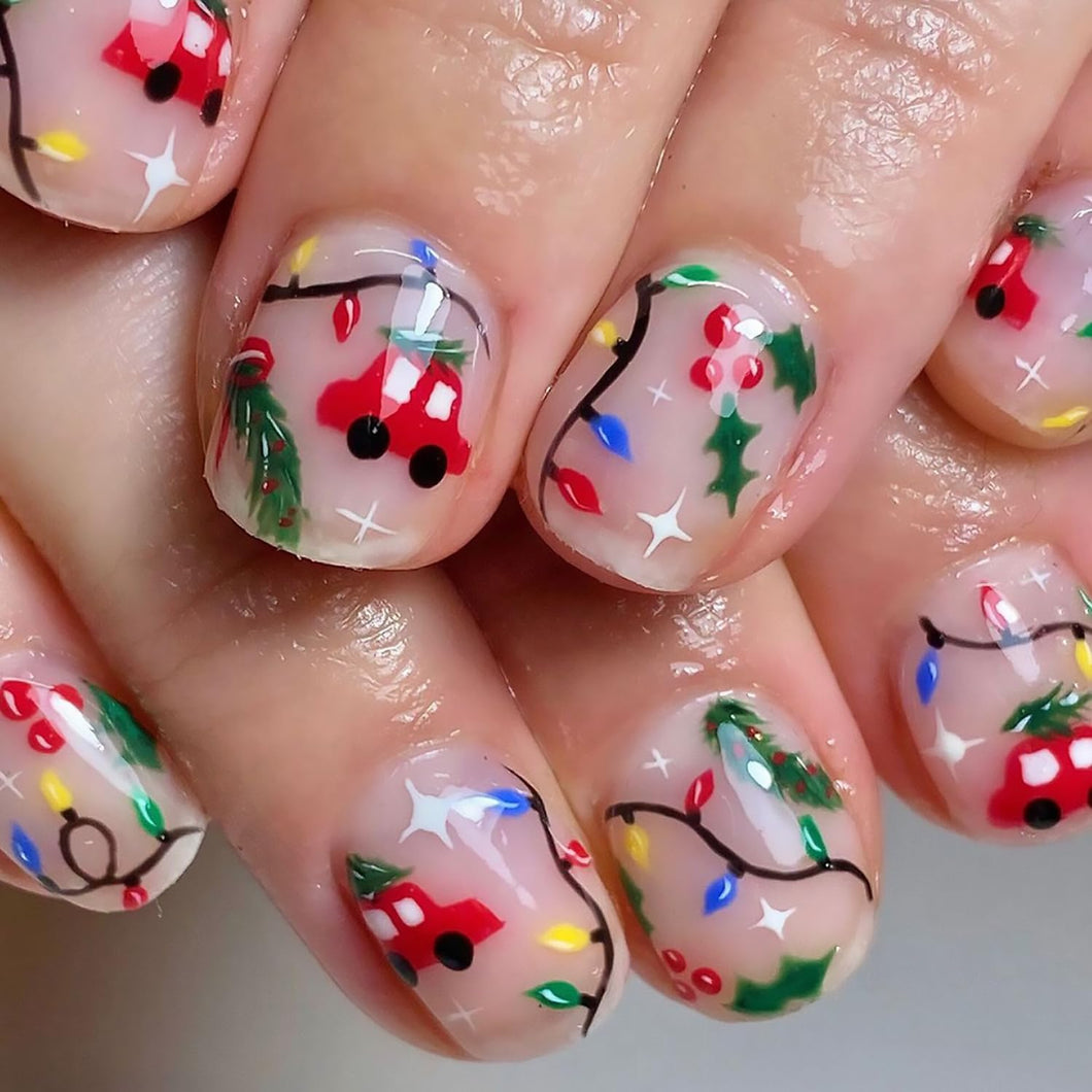Uñas postizas a presión de Navidad,a22  uñas postizas cuadradas cortas con luz navideña,