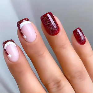 Uñas postizas a presión de Navidad, uñas postizas cortas cuadradas de punta francesa, uñas postizas acrílicas con diseños de sombrero de Navidad rojo, rosa,a22  cobertura completa, uñas artificiales