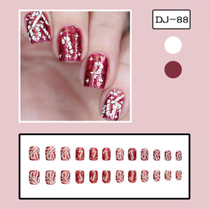 Uñas postizas a presión de Navidad, uñas postizas cuadradas cortas con diseños de bastón de caramelo, uñas postizas de Navidad, uñas con pegamento rojo con purpurina en las uñas a22  de cobertura completa,