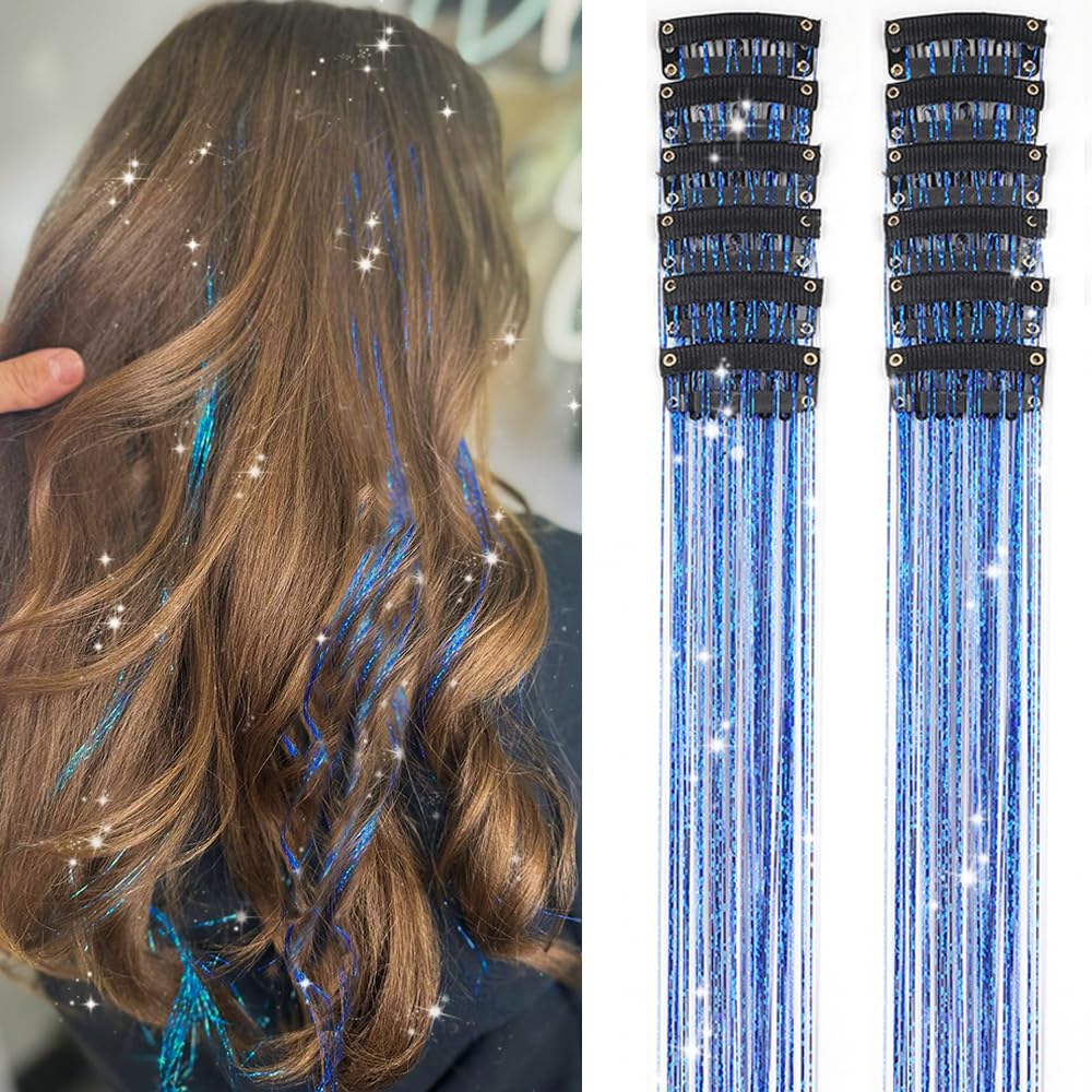 extensiones de cabello con clip, paquete de 12 unidades, extensiones de cabello de oropel azul con purpurina de 20 pulgadas, A21
