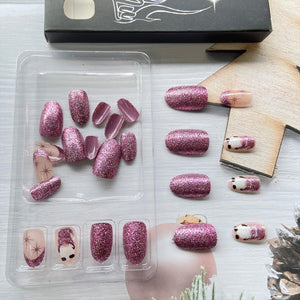 Uñas postizas a presión de Navidad,A22 uñas postizas cortas ovaladas con diseños de estrellas de gnomo, uñas postizas de Navidad, uñas postizas moradas con purpurina,